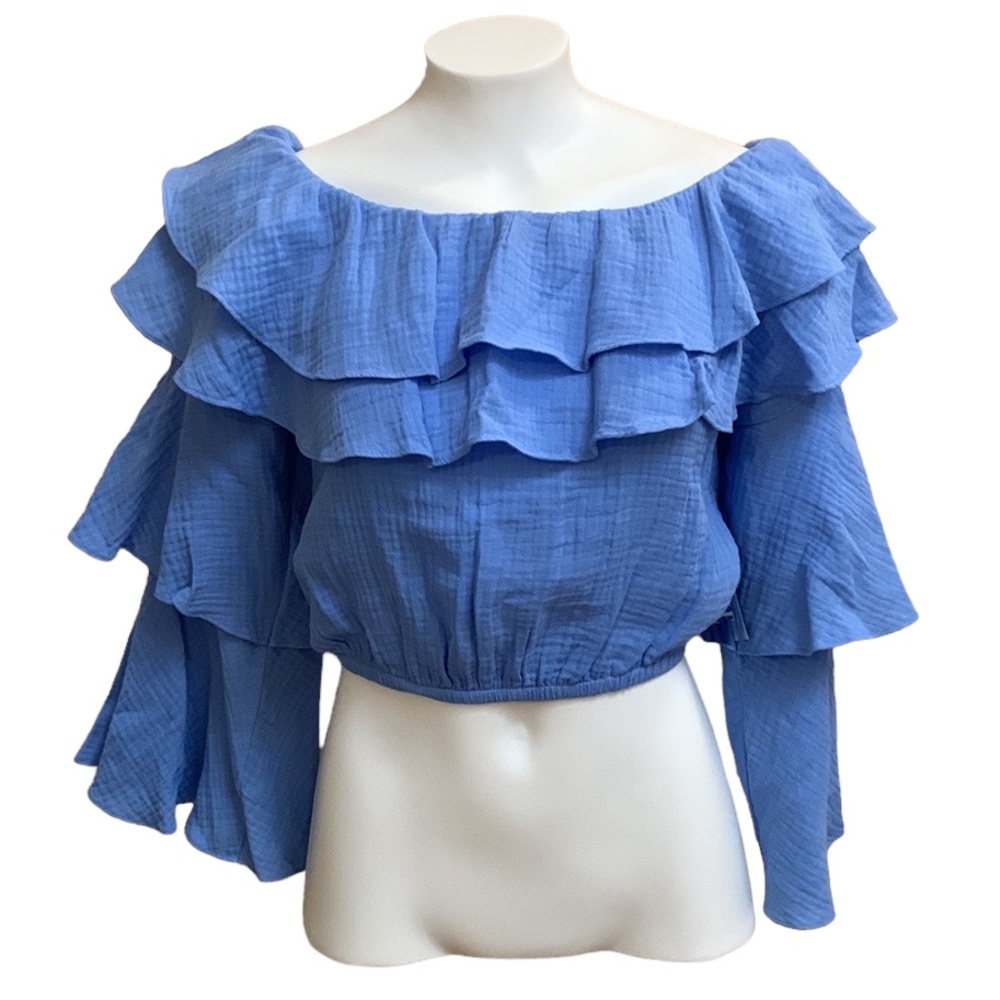 🎉 LUCY LOVE Vintage Blue Tiered Ruffle Crop Top Open Back, size XS